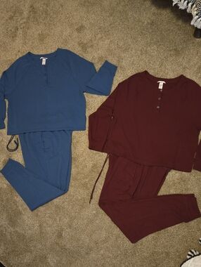 PINK Victoria's Secret Blue and Burgundy Henley Pajama Sets